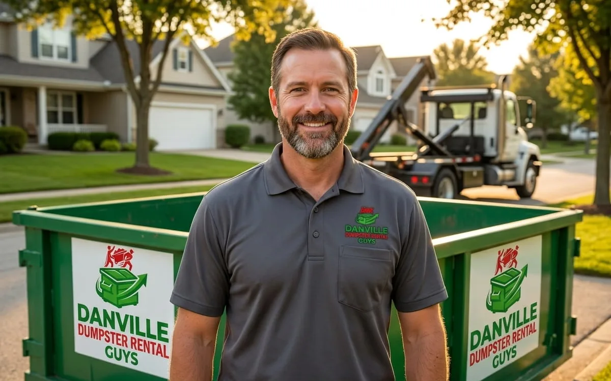 Locally owned dumpster rental company in Danville IL Danville Dumpster Rental Guys container on a Vermilion County driveway